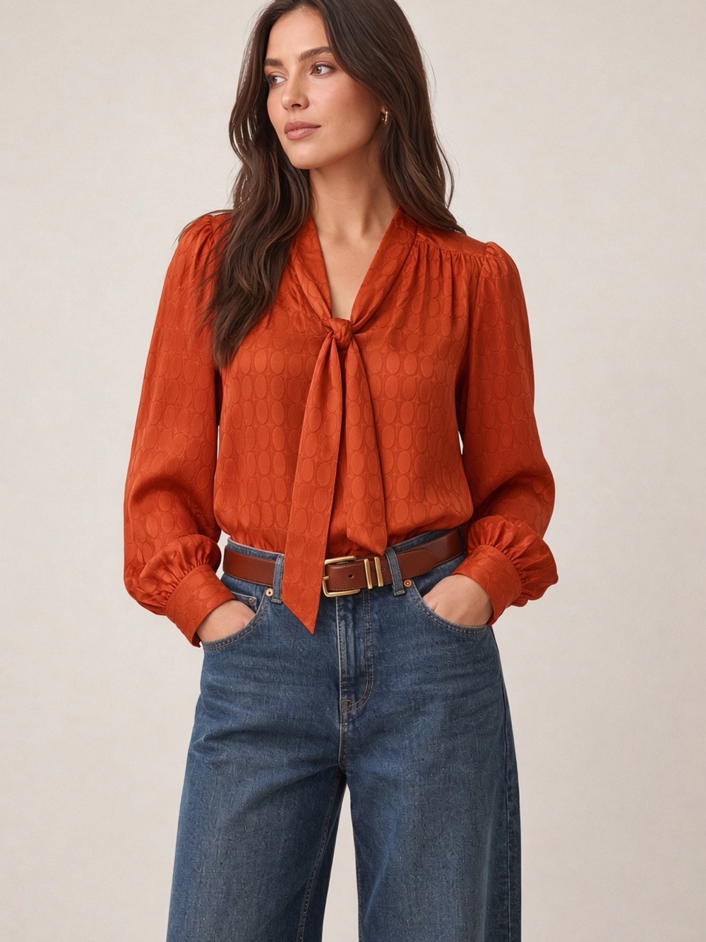 Ann Taylor Chain Link, Tie-Neck Long Sleeve Top in Burnt Orange
